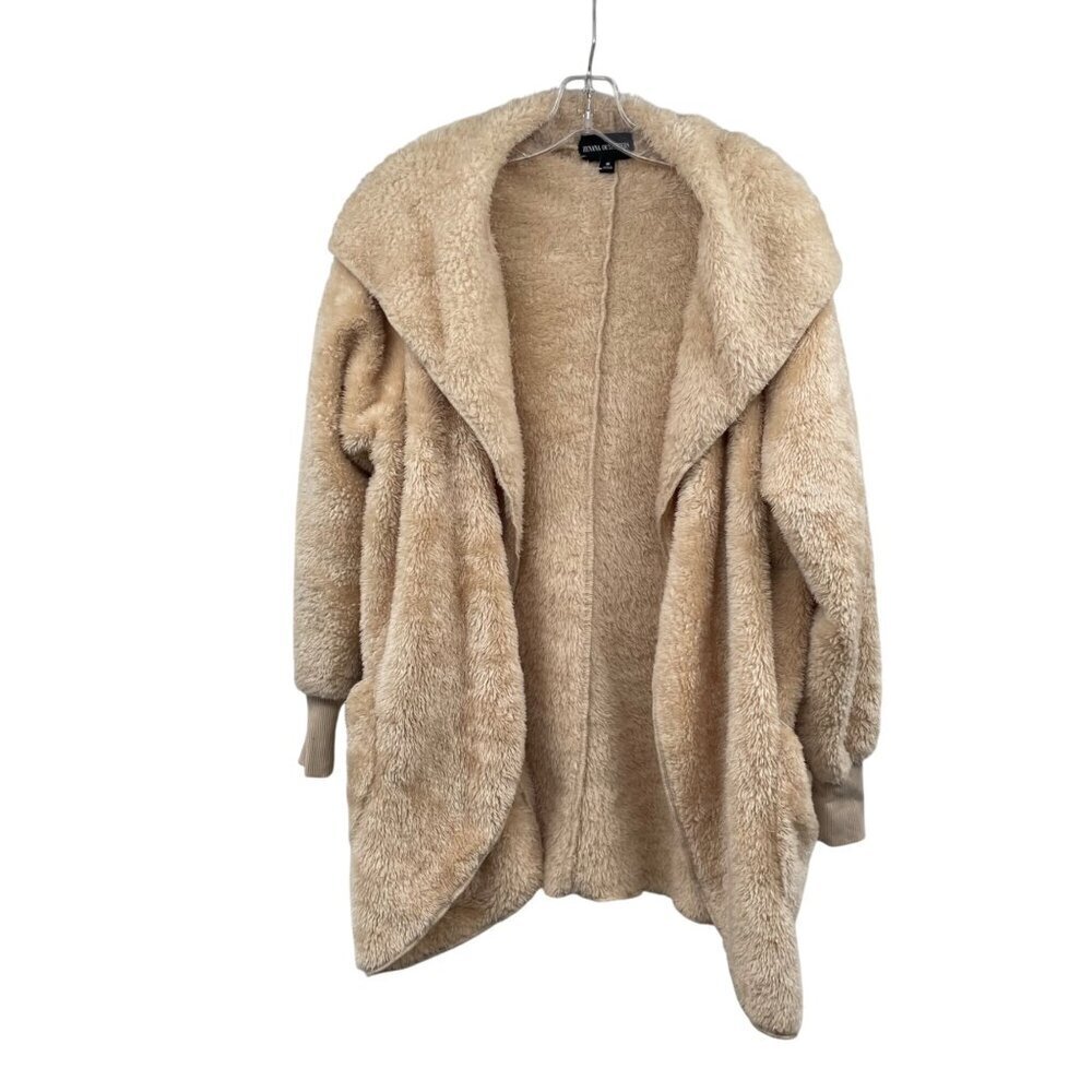 Zenana Outfitters Soft Fleece Coat Hooded Open Front Cream Size Medium Pockets